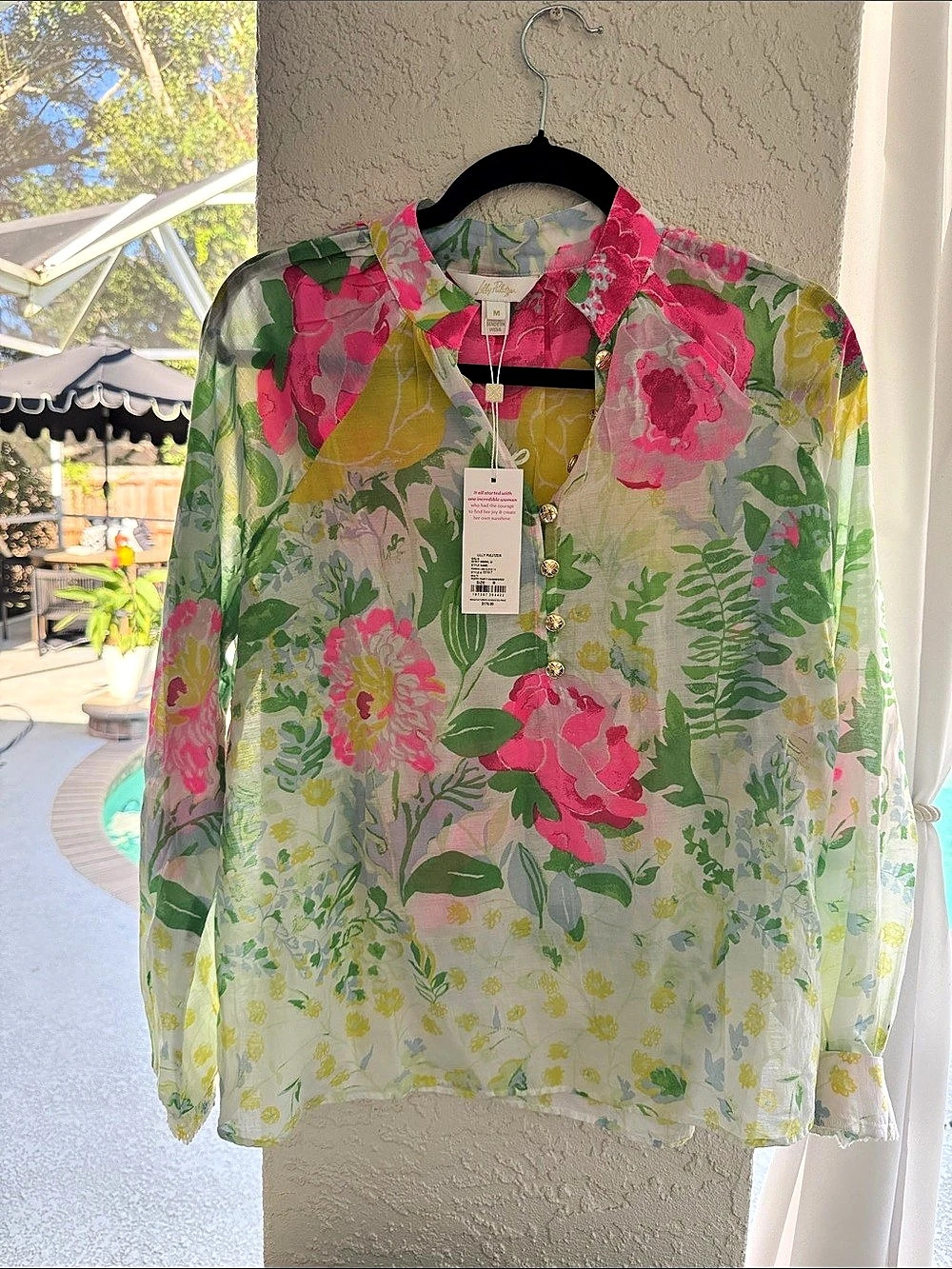 Lilly Pulitzer Renisha Long Sleeve Top Floral Green & Pink Medium